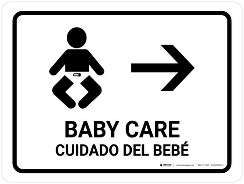 Baby Care With Right Arrow White Bilingual Spanish Landscape - Wall Sign