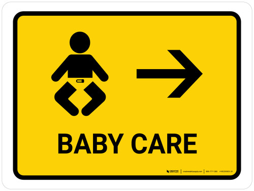 Baby Care With Right Arrow Yellow Landscape - Wall Sign