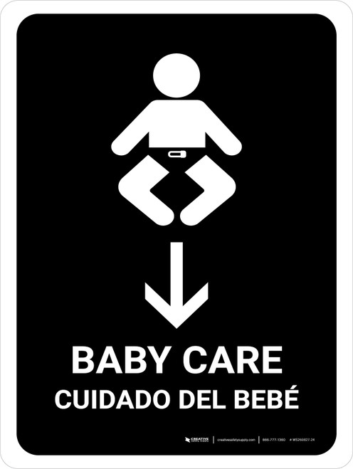 Baby Care With Down Arrow Black Bilingual Spanish Portrait - Wall Sign