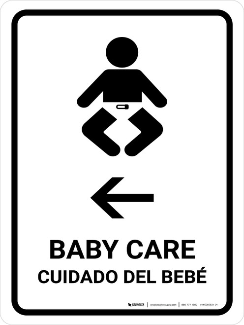 Baby Care With Left Arrow White Bilingual Spanish Portrait - Wall Sign