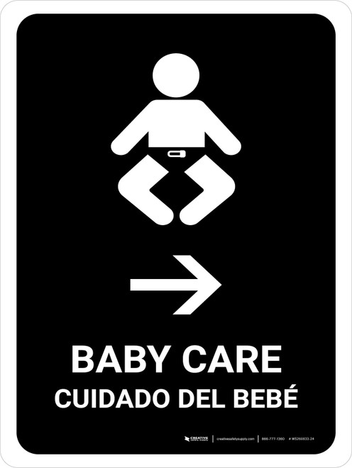 Baby Care With Right Arrow Black Bilingual Spanish Portrait - Wall Sign