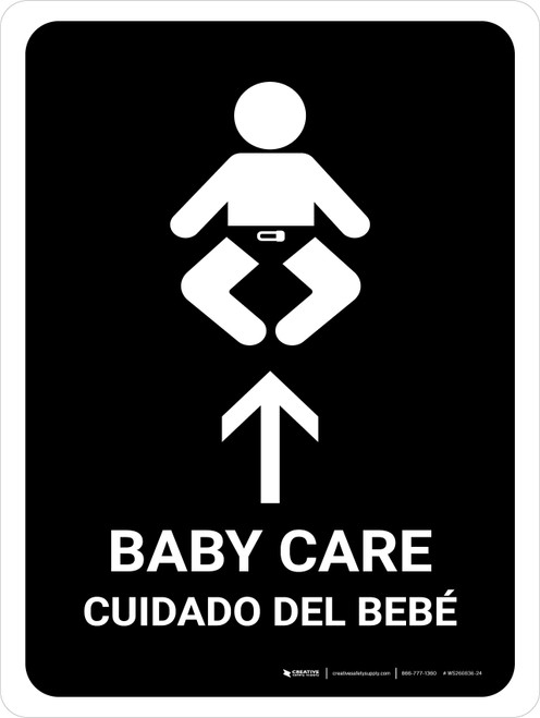Baby Care With Up Arrow Black Bilingual Spanish Portrait - Wall Sign