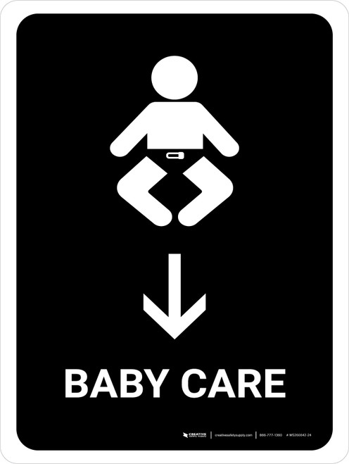Baby Care With Down Arrow Black Portrait - Wall Sign