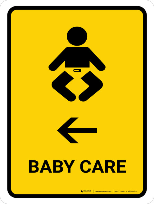 Baby Care With Left Arrow Yellow Portrait - Wall Sign