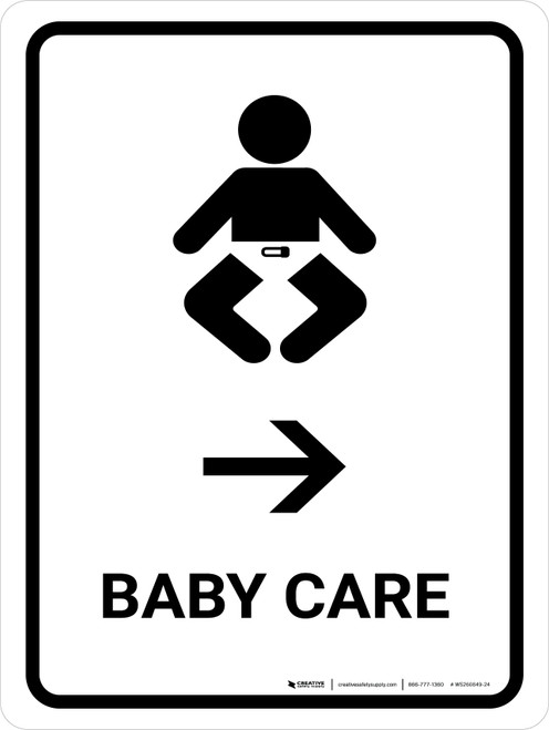 Baby Care With Right Arrow White Portrait - Wall Sign