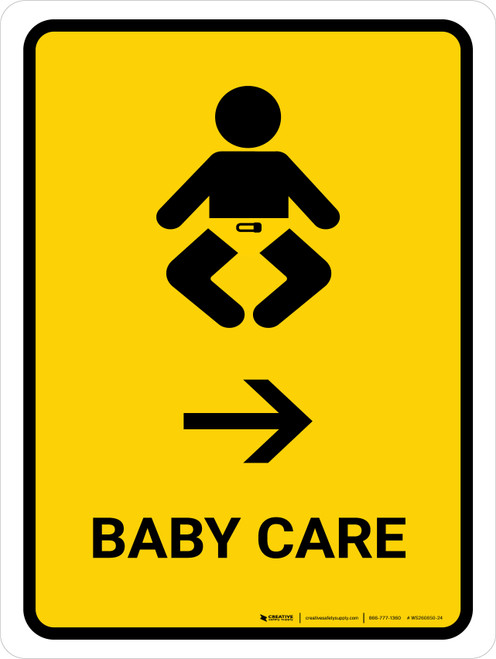 Baby Care With Right Arrow Yellow Portrait - Wall Sign