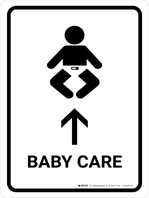 Baby Care With Up Arrow White Portrait - Wall Sign