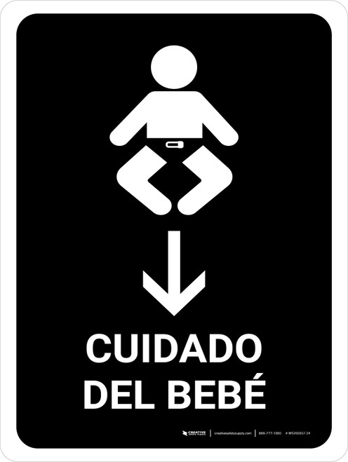 Baby Care With Down Arrow Black Spanish Portrait - Wall Sign