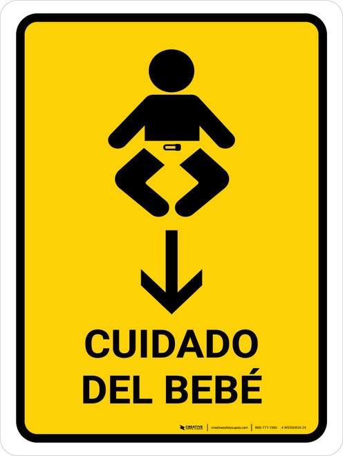 Baby Care With Down Arrow Yellow Spanish Portrait - Wall Sign