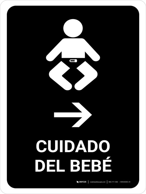 Baby Care With Right Arrow Black Spanish Portrait - Wall Sign