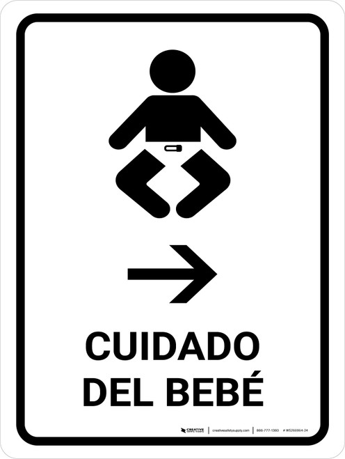 Baby Care With Right Arrow White Spanish Portrait - Wall Sign
