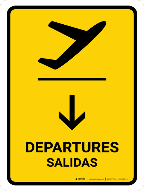 Departure With Down Arrow Yellow Bilingual Spanish Portrait - Wall Sign