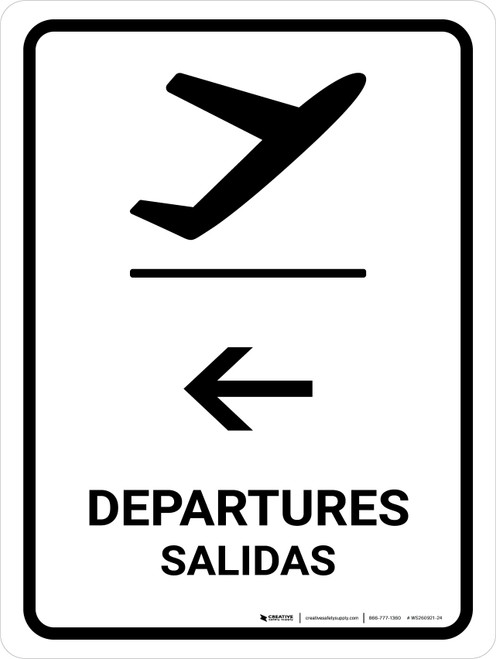 Departure With Left Arrow White Bilingual Spanish Portrait - Wall Sign