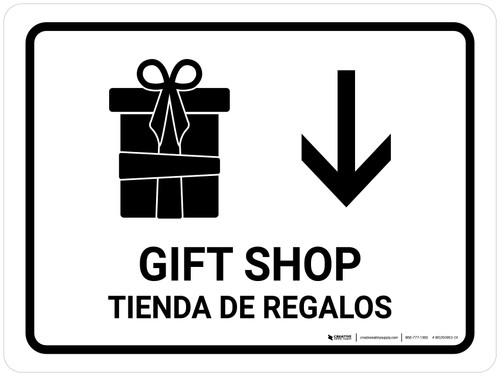 Gift Shop With Down Arrow White Bilingual Spanish Landscape - Wall Sign