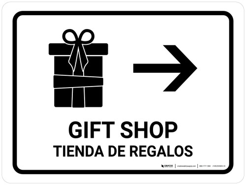 Gift Shop With Right Arrow White Bilingual Spanish Landscape - Wall Sign