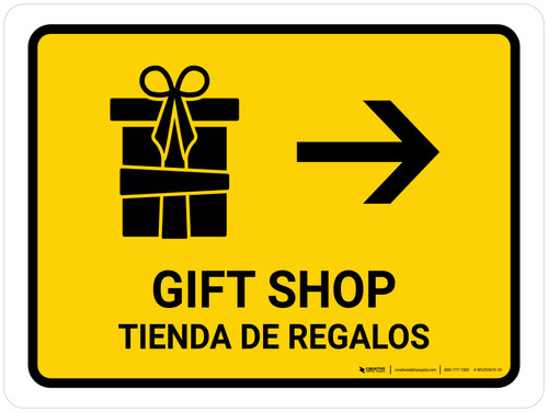 Gift Shop With Right Arrow Yellow Bilingual Spanish Landscape - Wall Sign