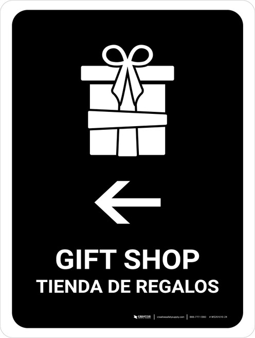 Gift Shop With Left Arrow Black Bilingual Spanish Portrait - Wall Sign