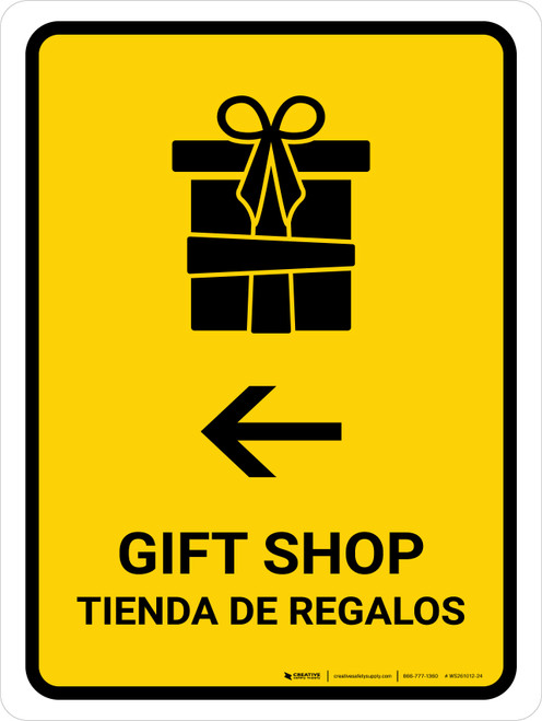 Gift Shop With Left Arrow Yellow Bilingual Spanish Portrait - Wall Sign