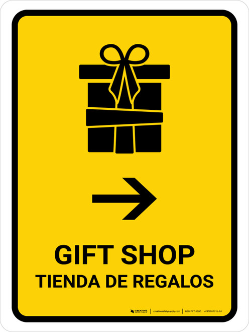 Gift Shop With Right Arrow Yellow Bilingual Spanish Portrait - Wall Sign