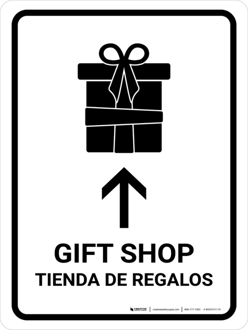 Gift Shop With Up Arrow White Bilingual Spanish Portrait - Wall Sign