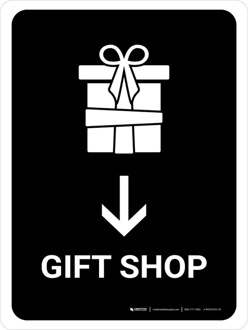 Gift Shop With Down Arrow Black Portrait - Wall Sign