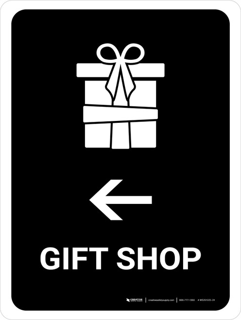 Gift Shop With Left Arrow Black Portrait - Wall Sign