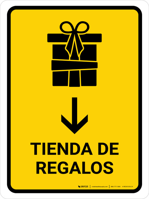 Gift Shop With Down Arrow Yellow Spanish Portrait - Wall Sign