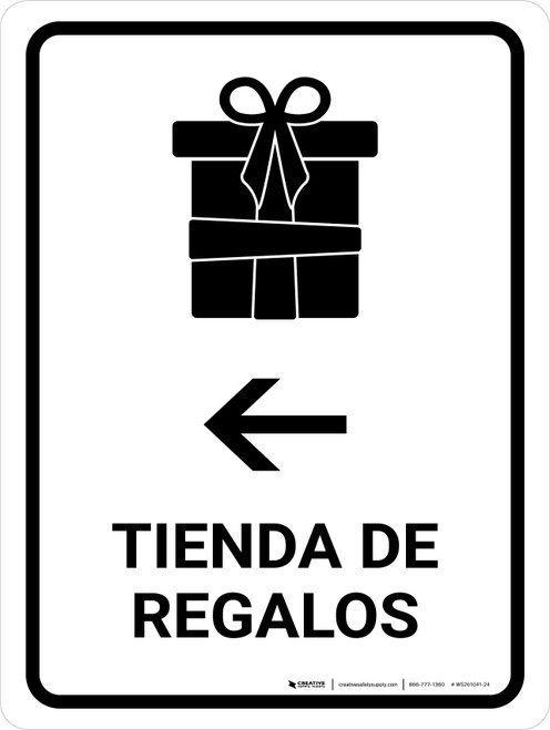 Gift Shop With Left Arrow White Spanish Portrait - Wall Sign