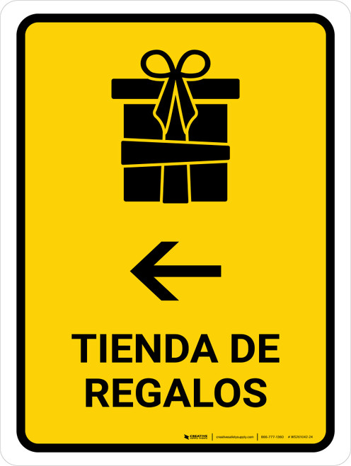 Gift Shop With Left Arrow Yellow Spanish Portrait - Wall Sign