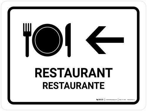 Restaurant With Left Arrow White Bilingual Spanish Landscape - Wall Sign