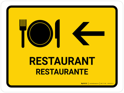 Restaurant With Left Arrow Yellow Bilingual Spanish Landscape - Wall Sign