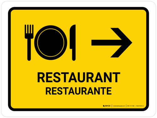 Restaurant With Right Arrow Yellow Bilingual Spanish Landscape - Wall Sign