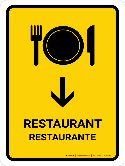Restaurant With Down Arrow Yellow Bilingual Spanish Portrait - Wall Sign
