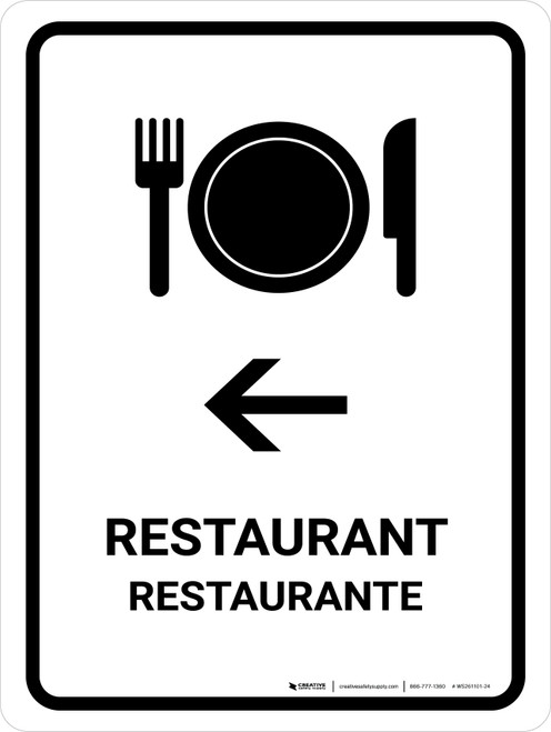 Restaurant With Left Arrow White Bilingual Spanish Portrait - Wall Sign