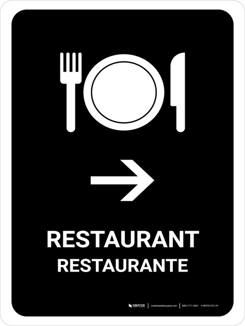 Restaurant With Right Arrow Black Bilingual Spanish Portrait - Wall Sign