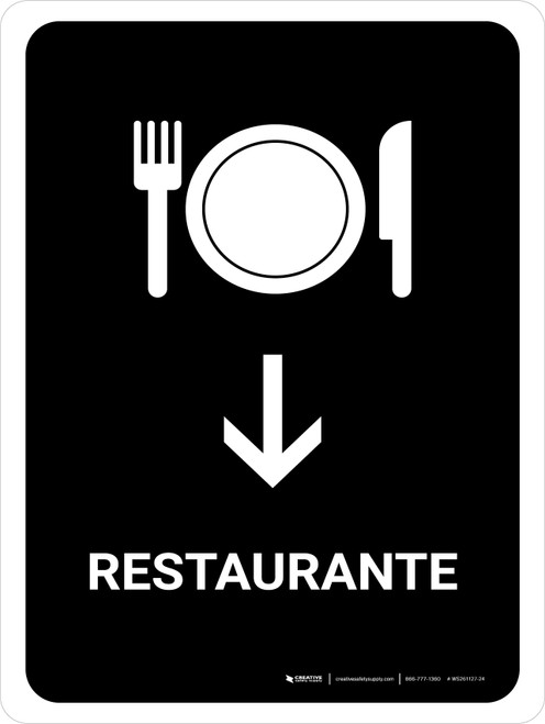 Restaurant With Down Arrow Black Spanish Portrait - Wall Sign