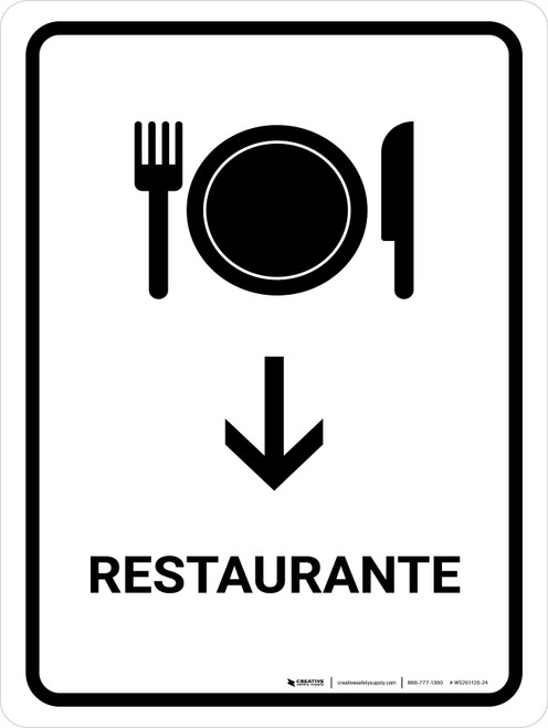Restaurant With Down Arrow White Spanish Portrait - Wall Sign