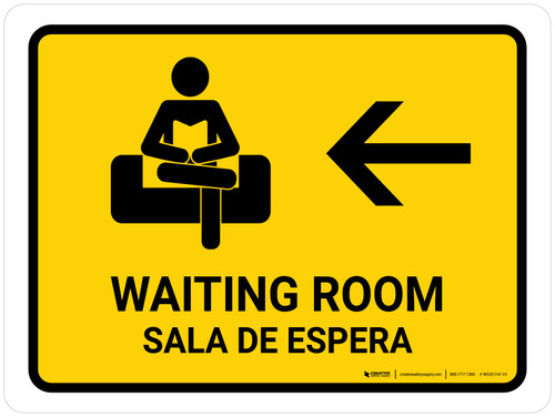Waiting Room With Left Arrow Yellow Bilingual Landscape - Wall Sign