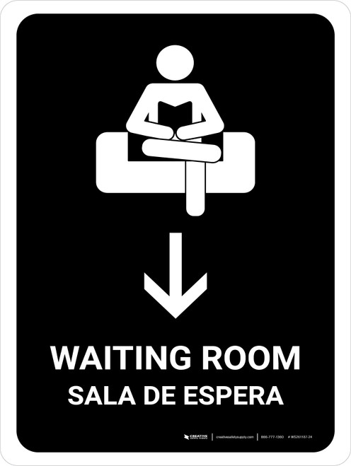 Waiting Room With Down Arrow Black Bilingual Portrait - Wall Sign