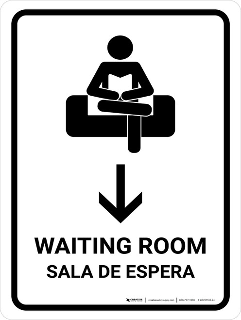 Waiting Room With Down Arrow White Bilingual Spanish Portrait - Wall Sign