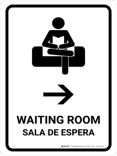 Waiting Room With Right Arrow White Bilingual Spanish Portrait - Wall Sign