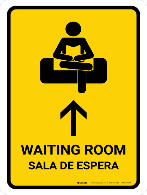 Waiting Room With Up Arrow Yellow Bilingual Spanish Portrait - Wall Sign