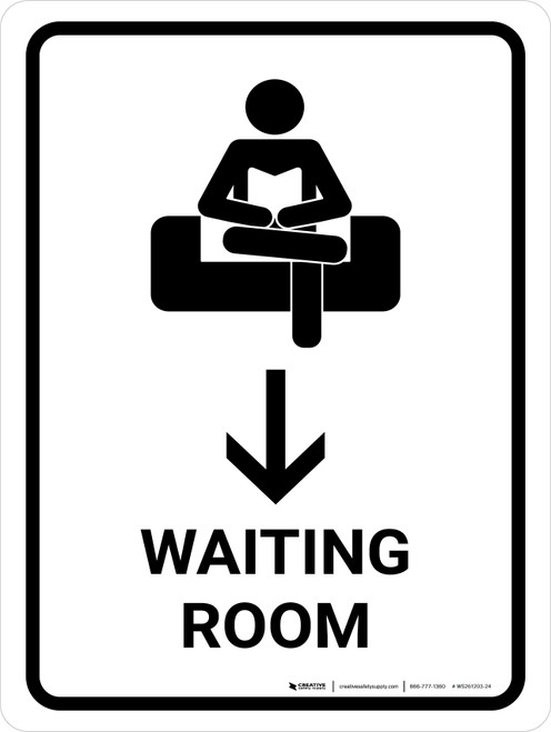 Waiting Room With Down Arrow White Portrait - Wall Sign