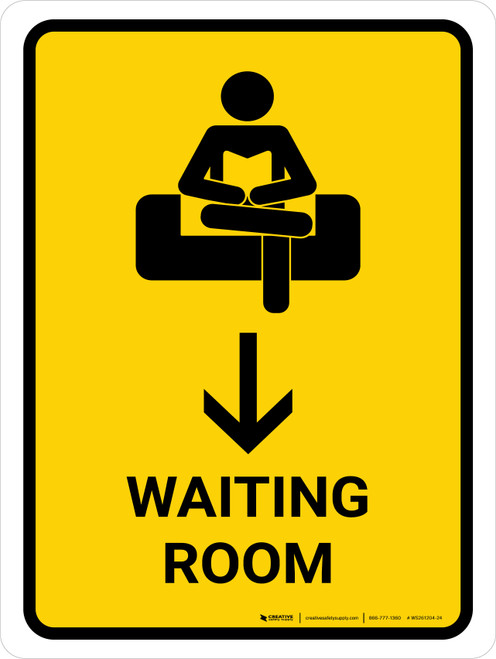Waiting Room With Down Arrow Yellow Portrait - Wall Sign