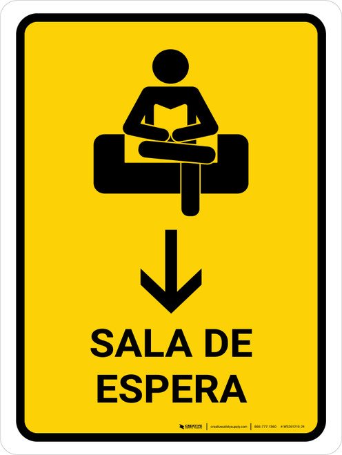 Waiting Room With Down Arrow Yellow Spanish Portrait - Wall Sign