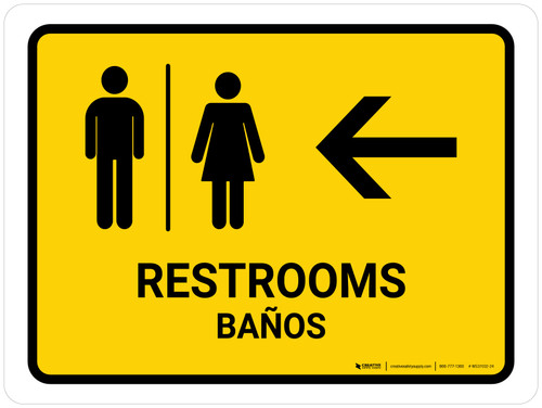 Restrooms With Left Arrow Yellow Bilingual Spanish Landscape - Wall Sign