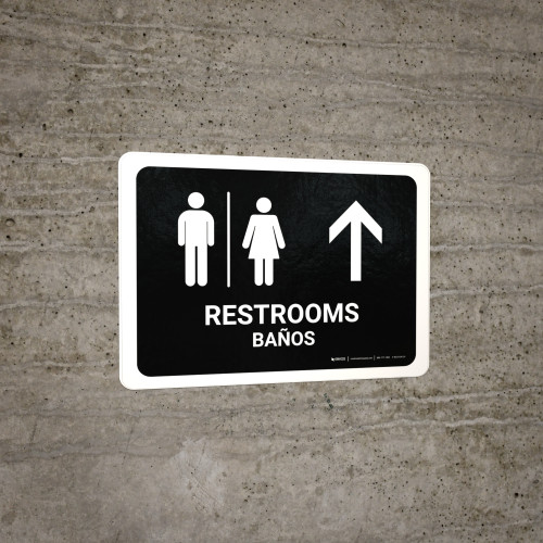 Restrooms With Up Arrow Black Bilingual Spanish Landscape - Wall Sign