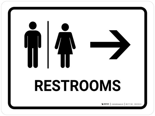 Restrooms With Right Arrow White Landscape - Wall Sign
