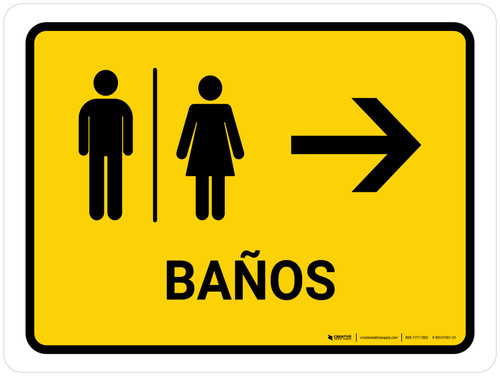 Restrooms With Right Arrow Yellow Spanish Landscape - Wall Sign
