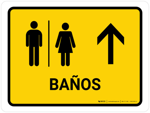 Restrooms With Up Arrow Yellow Spanish Landscape - Wall Sign